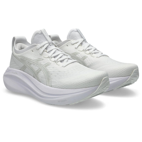 ASICS white running shoes on a white background.