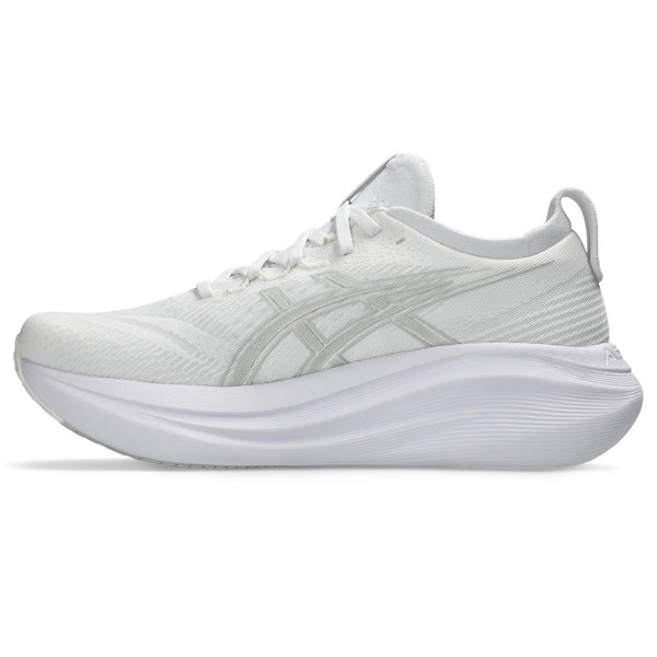 Medial side of the white running shoe on a white background.