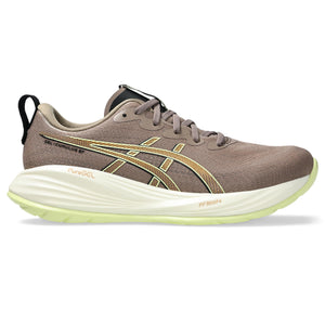 Brown ASICS Cumulus 27 running shoe with green sole on a white background