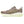 Medial side of a brown Men's running shoe with a white sole on a white background