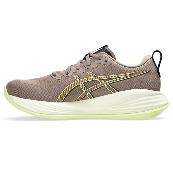 Medial side of a brown Men's running shoe with a white sole on a white background