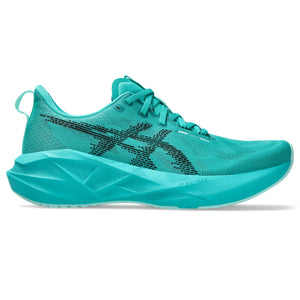 Turquoise running shoe with brand logo on a white background