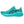 Turquoise running shoe with black accents on a white background