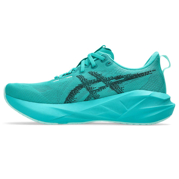 Turquoise running shoe with black accents on a white background