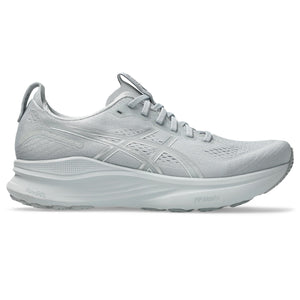 Gray mens ASICS running shoe on a white background.