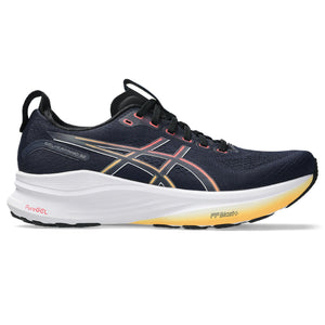 Men's navy ASICS Kayano 32 running shoe with white sole on a white background.