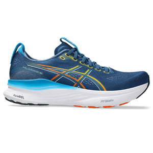 The lateral side of this ASICS Kayano 32 is mostly all bule with a few pops of orange and yellow.