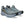 A pair of ASICS gray running shoes with blue accents on a white background.