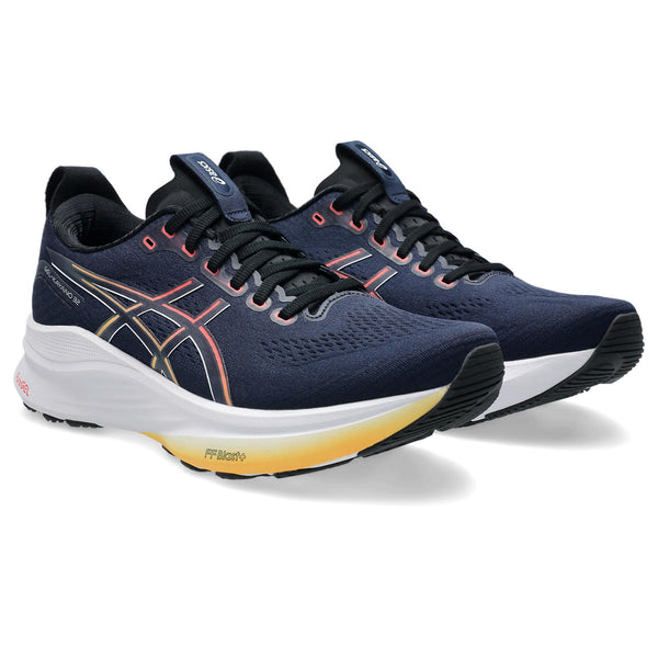 Men's stability runnnig shoes from ASICS in a Navy colorway white sole on a white background.