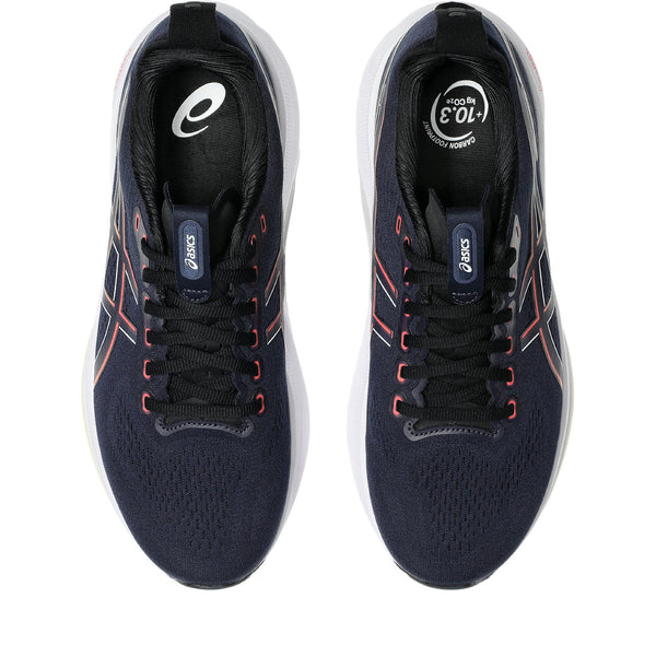 Pair of black running shoes with white soles on a white background.