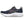 Medial side of a ASICS mens navy running shoe with white sole on a white background.