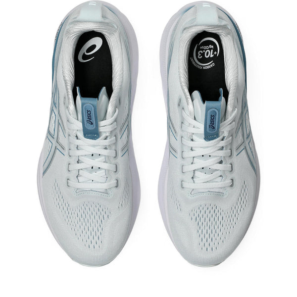 White running shoe with blue accents on a white background