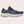 Navy running shoe with gold accents on a white background