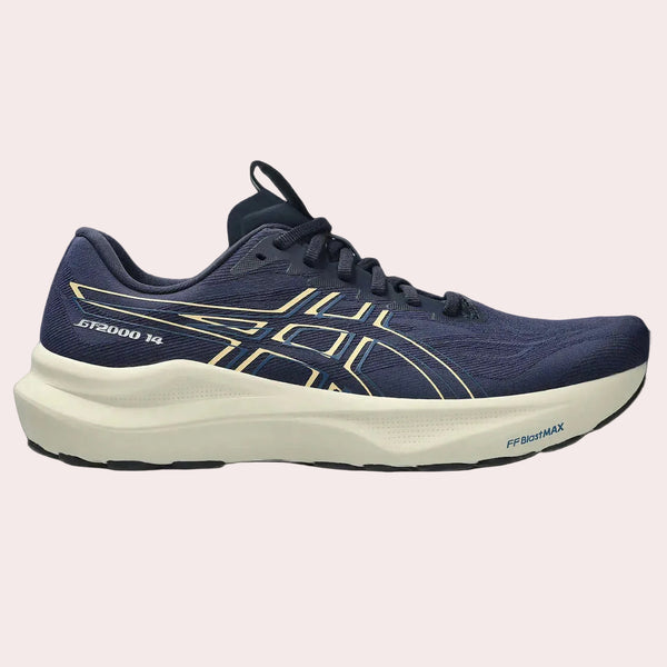 Navy running shoe with gold accents on a white background