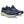 A pair of navy ASICS running shoes that also have navy laces.
