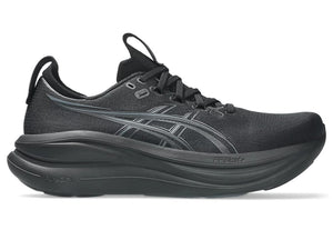 Black running shoe with 'ASICS' branding on a white background