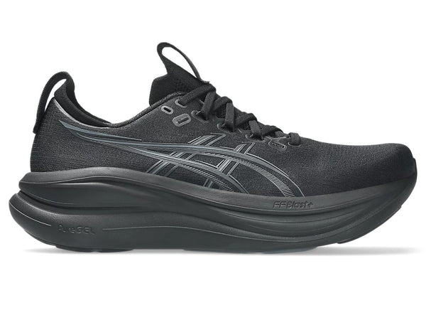 Black running shoe with 'ASICS' branding on a white background