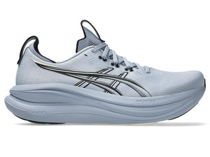 Gray-blue running shoe with black accents on a white background