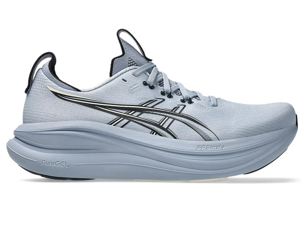 Gray-blue running shoe with black accents on a white background