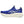 Blue running shoe with white sole on a white background