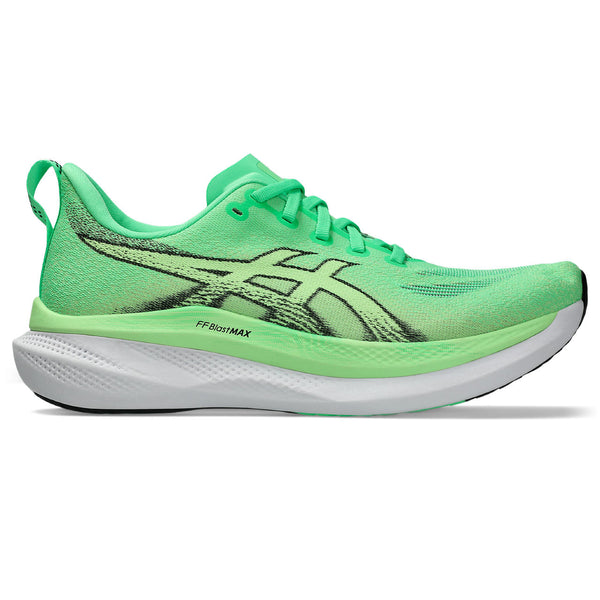 Green ASICS running shoe on a white background