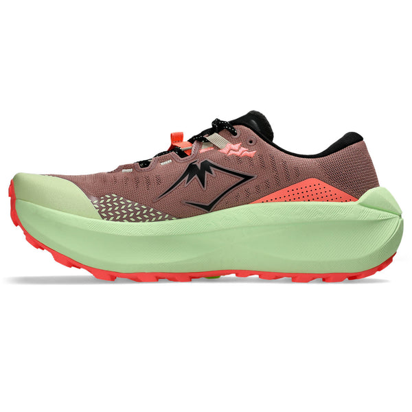Multicolored running shoe with a prominent brand logo on a white background
