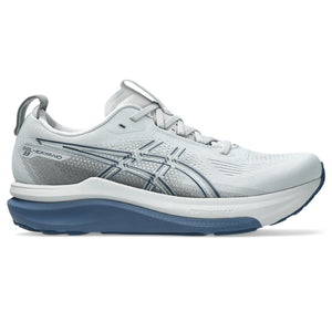 This Kayano 33 has a grey upper and a grey and blue midsole. 
