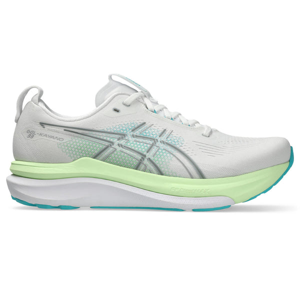 This Kayano 33 has an off-white upper and a light green and white midsole. 