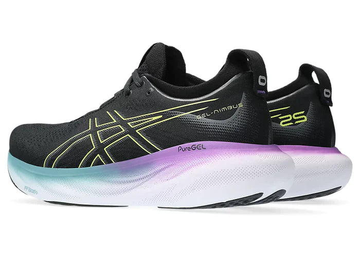 Back angle view of the Women's Nimbus 25 in Black/Glow Yellow