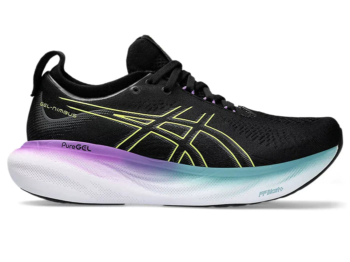 Lateral view of the Women's Nimbus 25 in Black/Glow Yellow