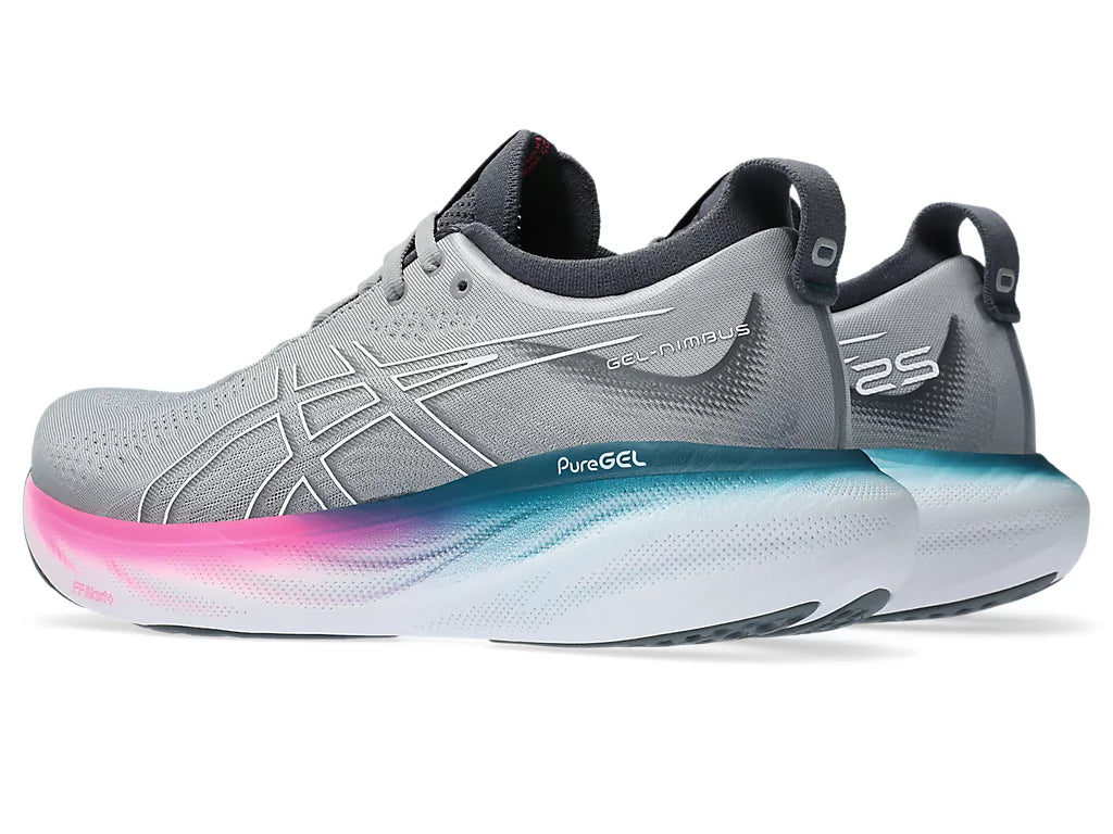 Back angle view of the Women's Nimbus 25 by ASICS in the color Sheet Rock/White