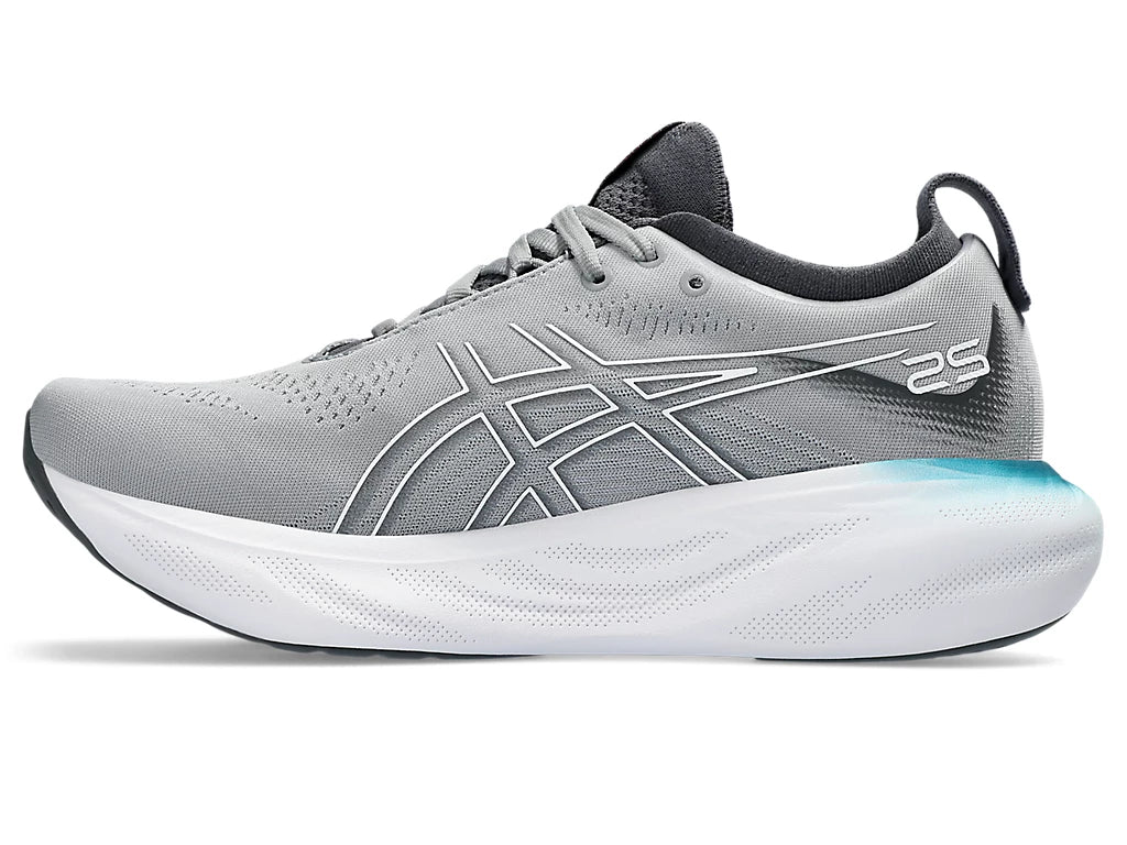 Medial view of the Women's Nimbus 25 by ASICS in the color Sheet Rock/White