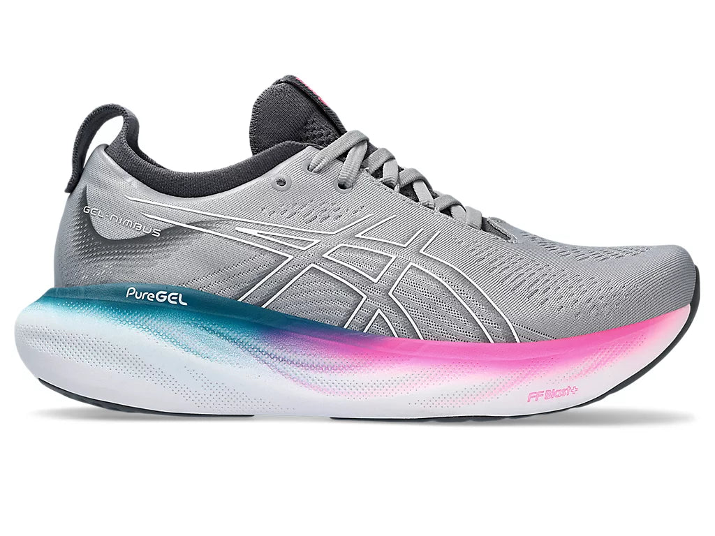 Lateral view of the Women's Nimbus 25 by ASICS in the color Sheet Rock/White