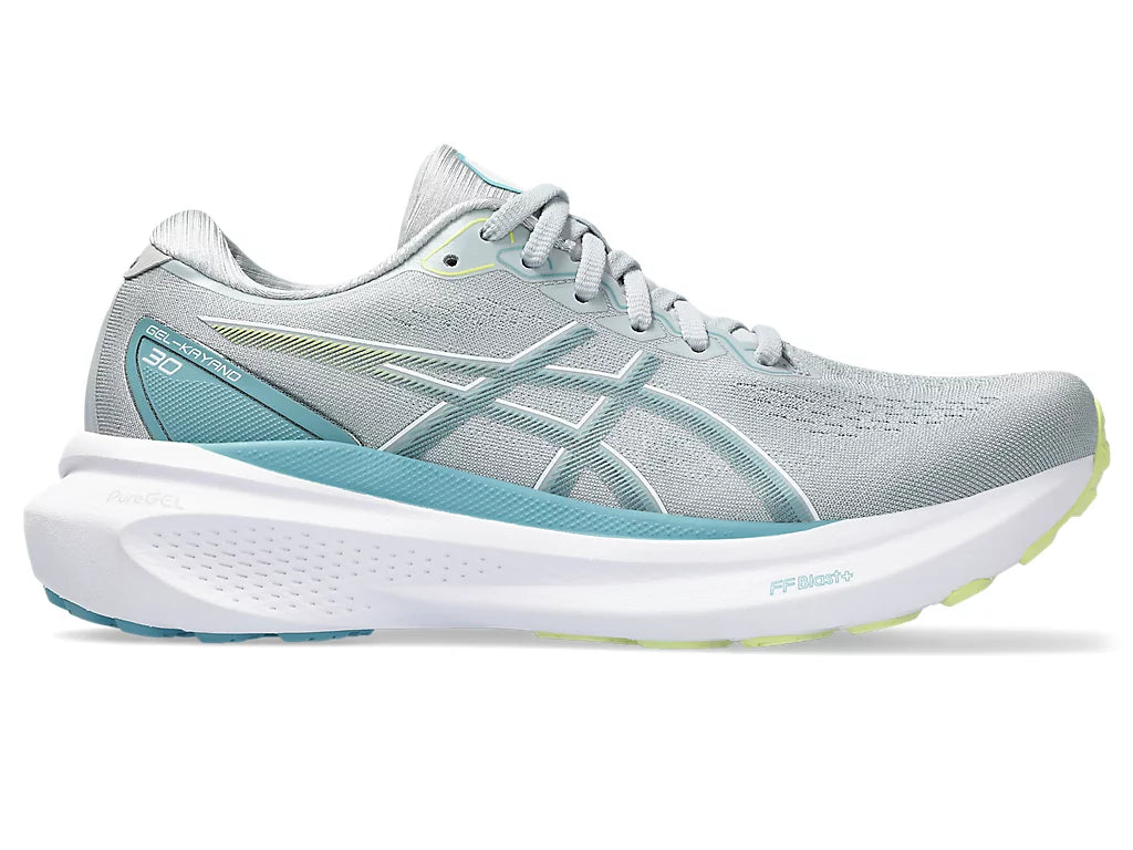Lateral view of the Women's Kayano 30 in Piedmont Grey/Gris Blue