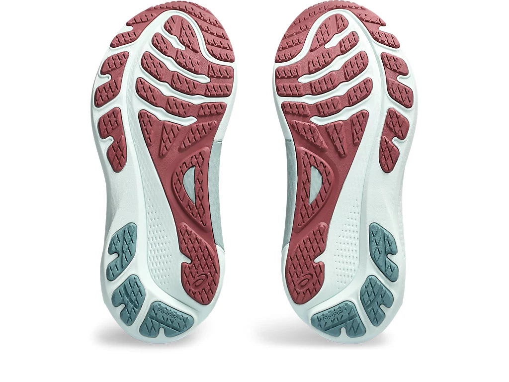 Bottom (outer sole) view of the Women's Kayano 30 by ASICS in the color French Blue/Light Garnet