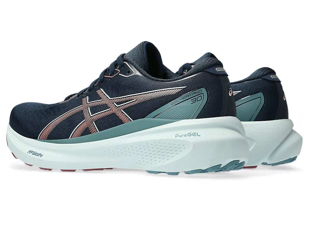 Back angle view of the Women's Kayano 30 by ASICS in the color French Blue/Light Garnet
