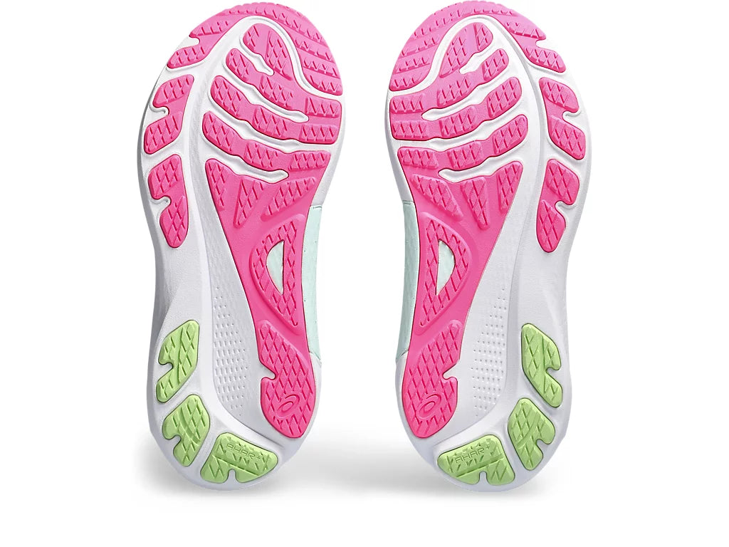 Bottom (outer sole) view of the Women's Kayano 30 by ASICS in the color Gris Blue/Lime Green