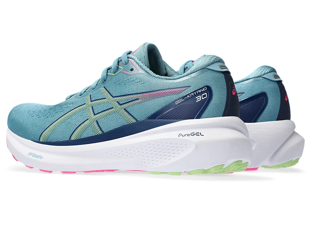 Back angle view of the Women's Kayano 30 by ASICS in the color Gris Blue/Lime Green