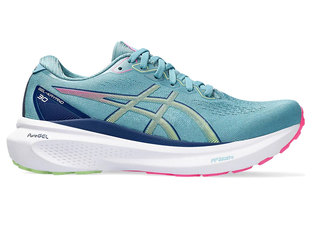 Lateral view of the Women's Kayano 30 by ASICS in the color Gris Blue/Lime Green