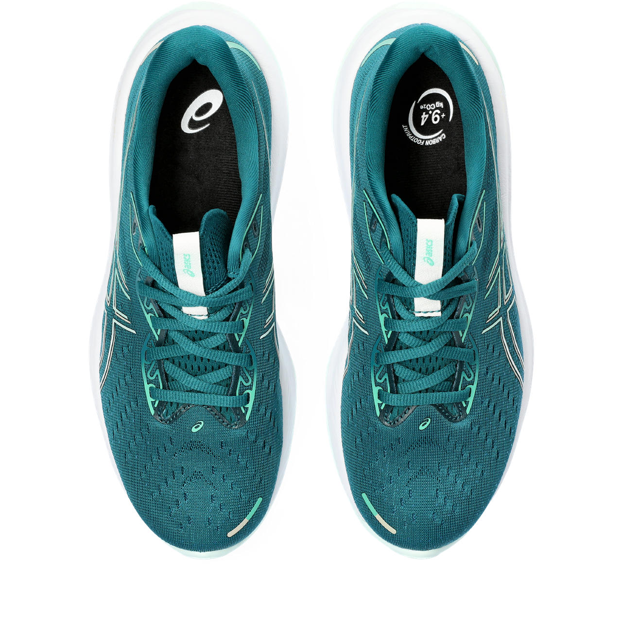 The top down view of thie Teal Cumulus 26 shows a few pop colors around the eyelets that are the same as the ASICS logo