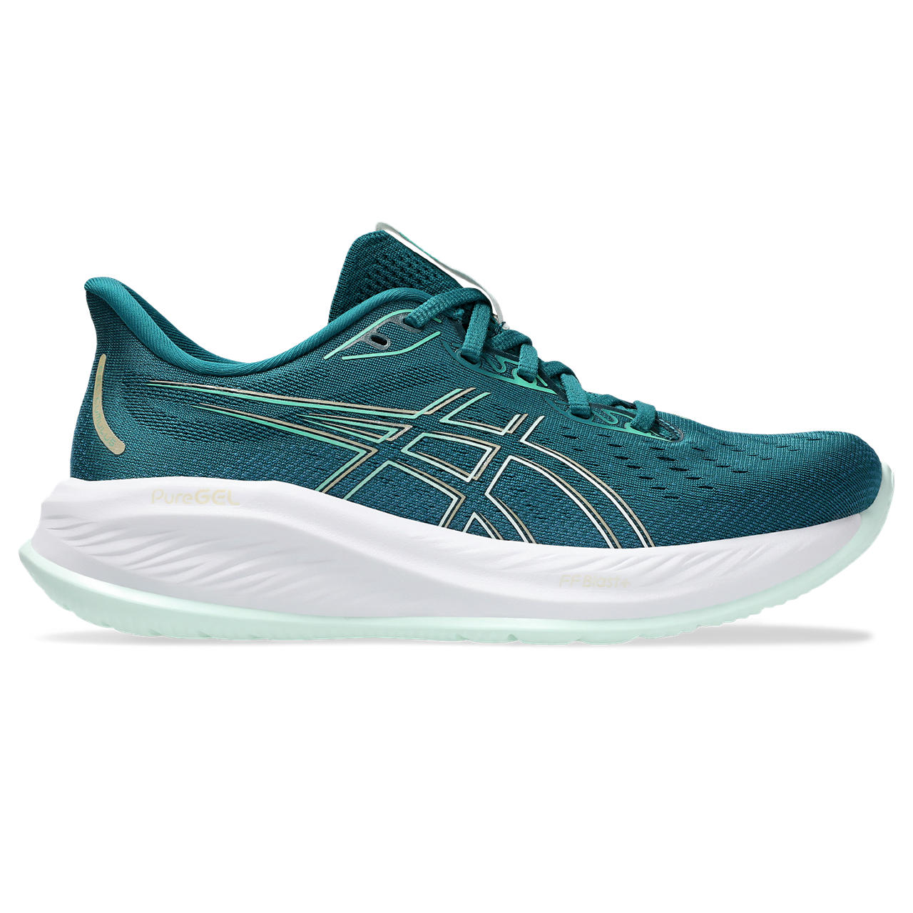 This women's ASICS Cumulus has a all teal upper with a brighter ASICS logo on teh lateal side.