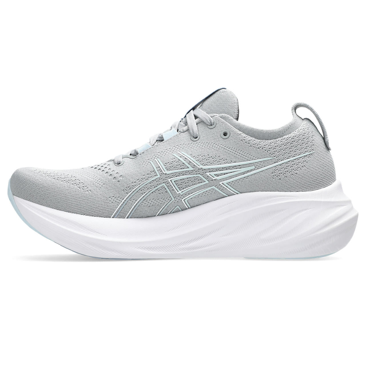 The medial side of this grey Nimbus 26 is also grey with a white ASICS logo outline