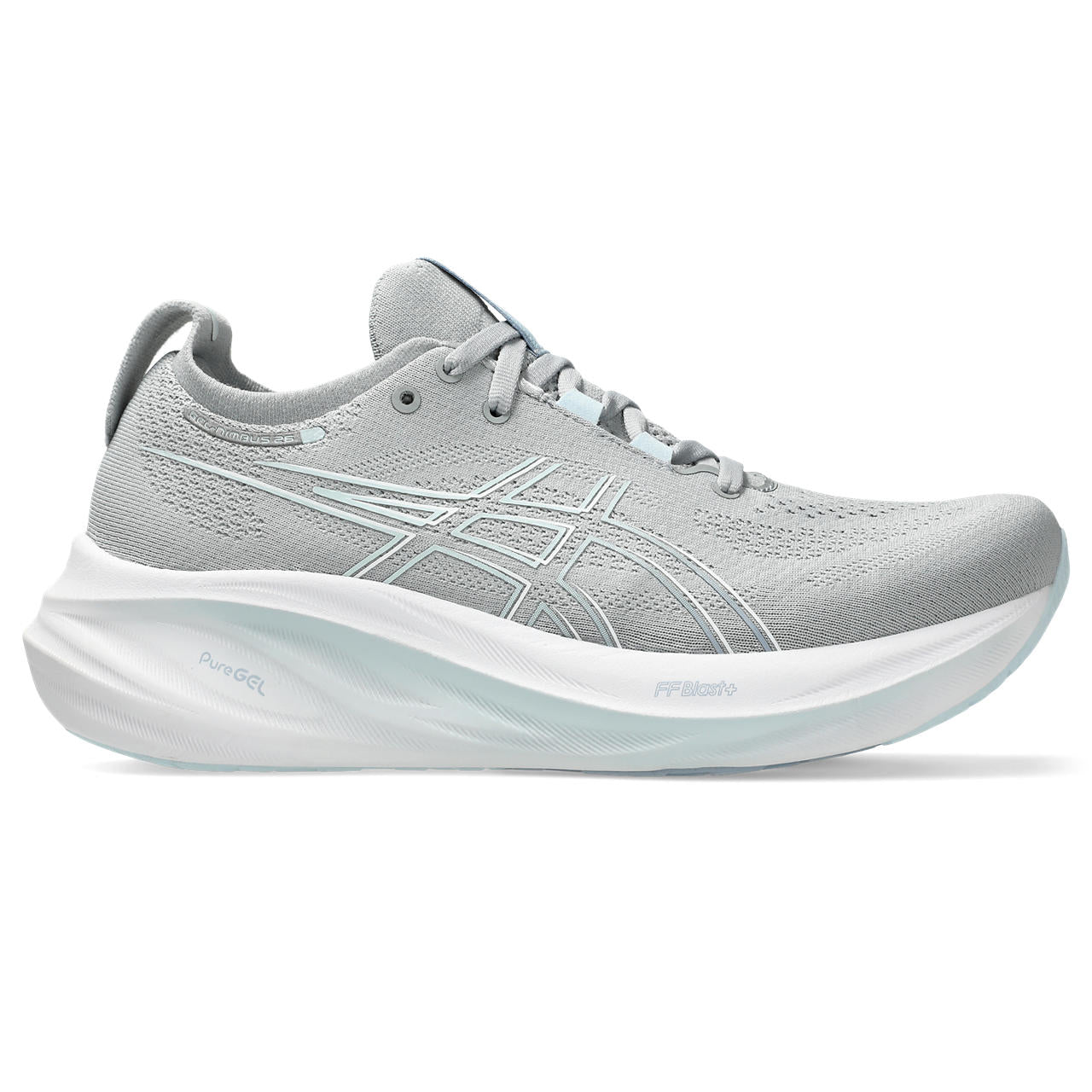 This Women's Nimbus 26 has a very soft, tnal look to the upper in a grey color.  The midsole is all white