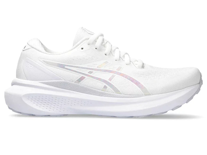 Lateral view of the Women's Kayano 30 (Anniversary Edition) in White/Lilac/Hint