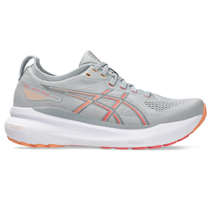 Gray running shoe with orange accents on a white background