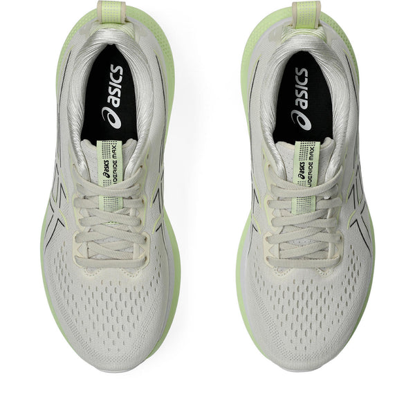 Top down view of teh men's ASICS runnning shoes with a black sock liner.
