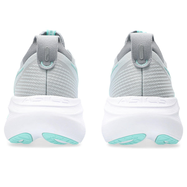 The heel area of this women's running shoe has the word ASICS written on the top part of the midsole.