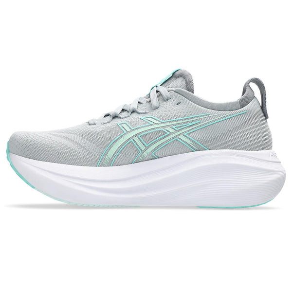 The medial side of this Nimbus 27 has a light grey ASICS logo and a white midsole.