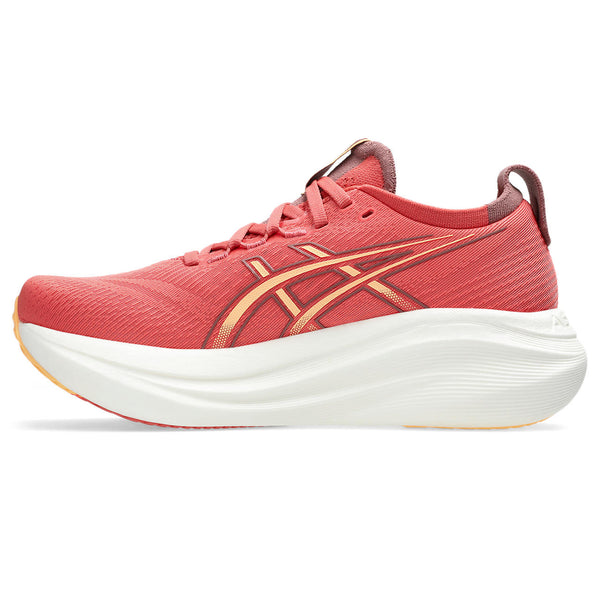 ASICS women's running shoe with a white sole on a white background.