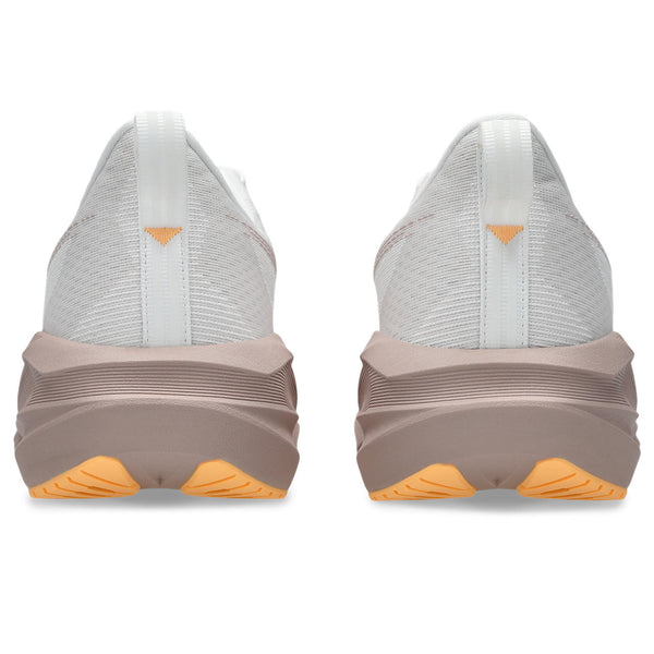 Back view of a pair of shoes with a white mesh upper and brown sole on a white background.